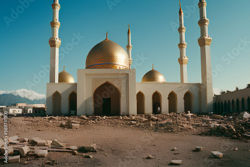 A Mosque in a City That Has Been Affected by an Earthquake. The Mosque on Main Focus, with the Surroundings Showing the Destruction Caused by the Earthquake. AI