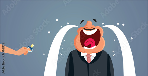 Funny Crying Businessman Comforted with a Toy Vector Cartoon. Grown up man having mommy issues in need for a pacifier
