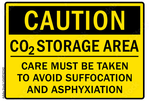 Carbon dioxide sign and labels CO2 storage area care must be taken to avoid suffocation and asphyxiation