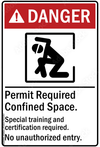 Confined space sign and labels permit required. Special training and certification required, no unauthorized entry