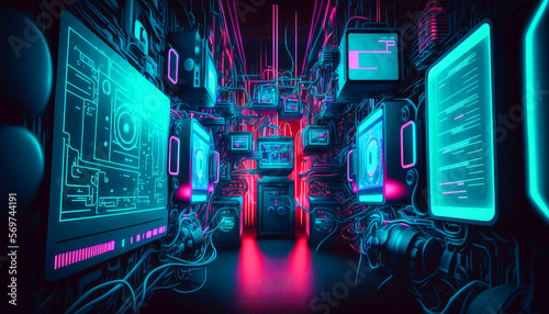 Computational Technology with high-energy processing with colourful neon lights