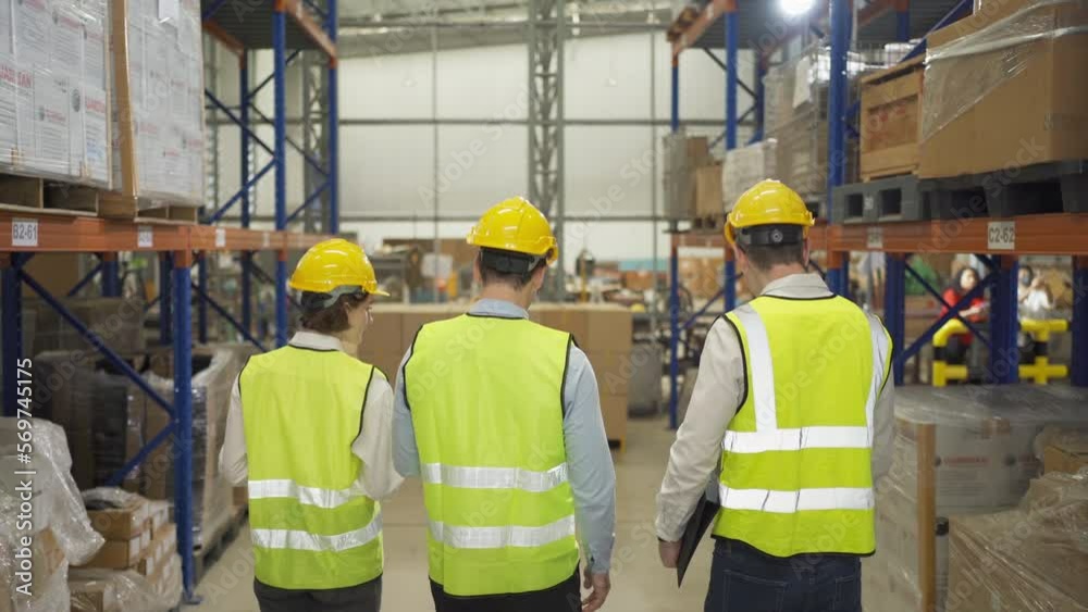 Teamwork of workers working in large warehouse retail store industry.Rack of stock storage. Interior of cargo in ecommerce and logistic concept. Depot. People lifestyle. Shipment service for container Teamwork of workers working in large warehouse retail store industry.Rack of stock storage. Interior of cargo in ecommerce and logistic concept. Depot. People lifestyle. Shipment service for container