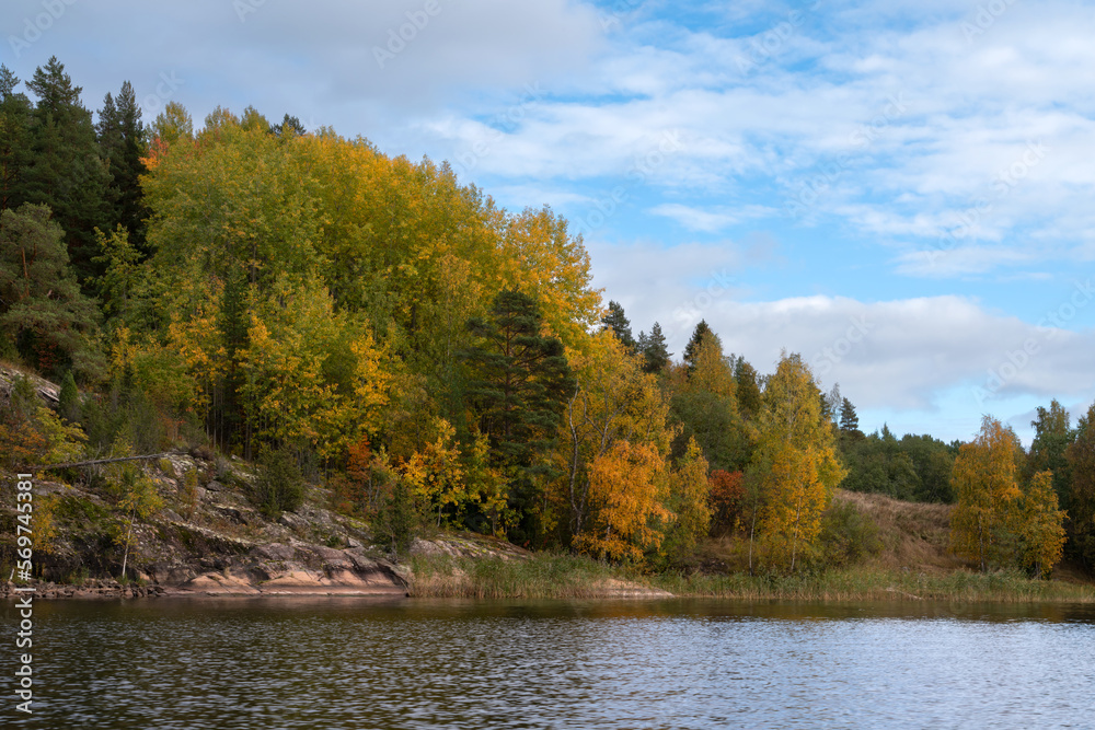Lake Ladoga near the village Lumivaara on a sunny autumn day, Ladoga skerries, Republic of Karelia, Russia Lake Ladoga near the village Lumivaara on a sunny autumn day, Ladoga skerries, Republic of Karelia, Russia
