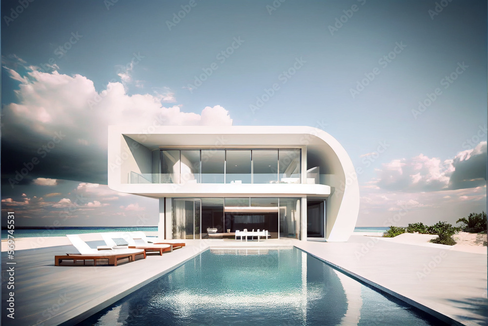 Fototapeta premium Luxury and modern residential villa with modern architecture, swimming pool and sea view. Generative AI illustration