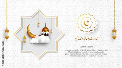 luxury Eid Mubarak background in white and gold color with 3d islamic decoration. vector illustration