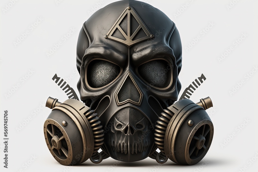 Black skull with gas mask, white background. Generative AI Black skull with gas mask, white background. Generative AI