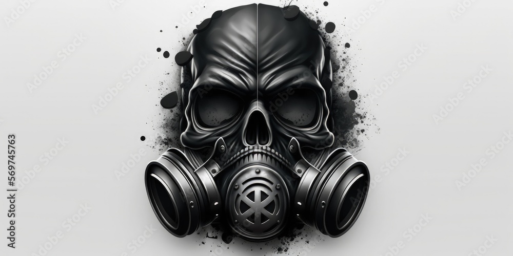Black skull with gas mask, white background. Generative AI
