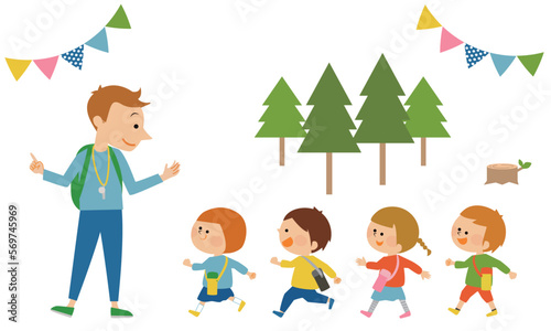 遠足に行く先生と子供たちのイラスト素材
