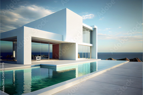 Luxury and contemporary residential villa with modern architecture, swimming pool and sea view. Generative AI illustration © ardanz