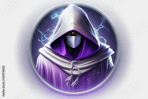 Wizard with hood and purple cape  white background. Generative AI