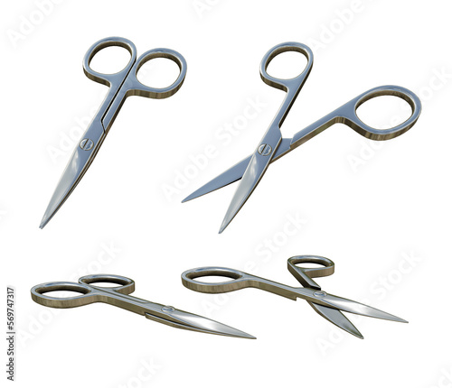 3d rendering of shiny clean open and close silver scissors from multiple angles perspective