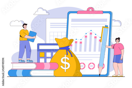 Cash flow statement concept. Man and girl evaluating graph, growth of company income. Successful investors. Outline design style minimal vector illustration for landing page, web banner, hero images