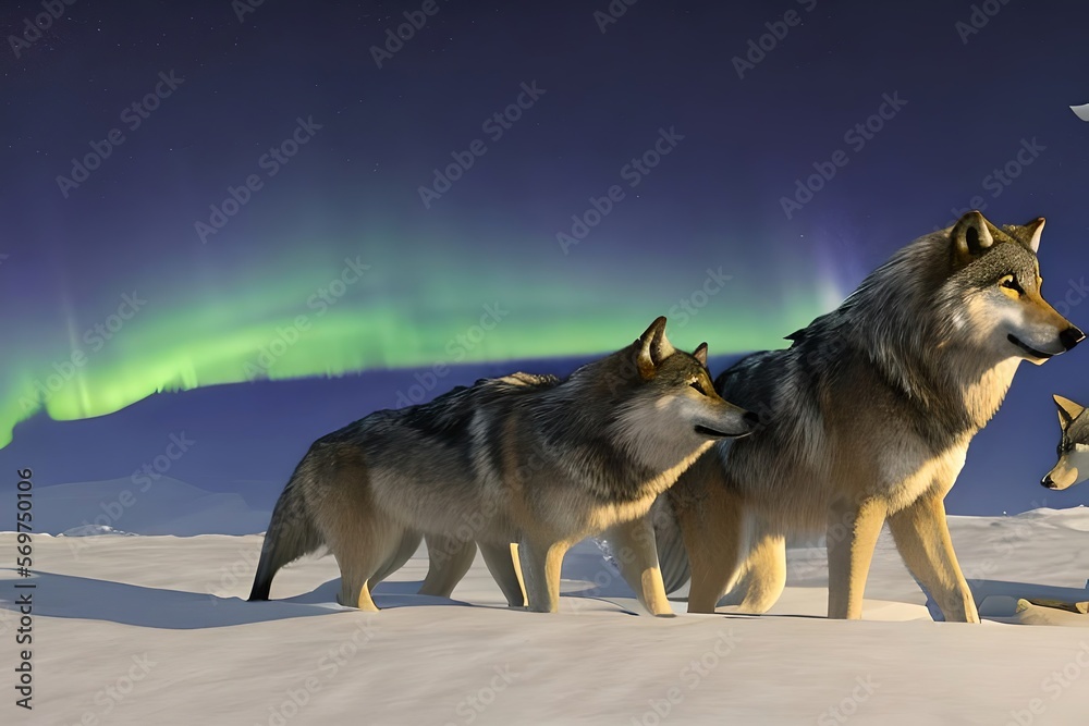 Naklejka premium Wolves walking over snow in the winter.