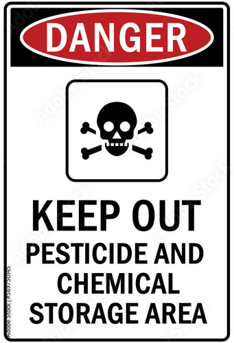 Pesticide storage sign and labels keep out pesticide and chemical storage area