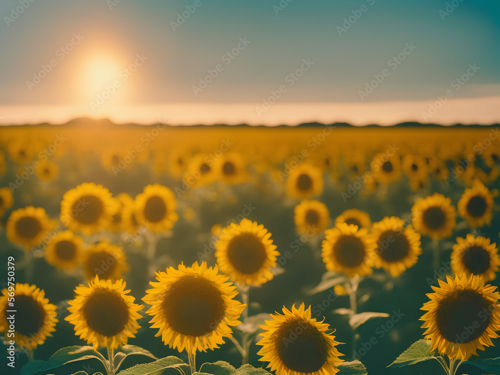 A beautiful landscape featuring an expansive field of golden sunflowers swaying in the breeze with a dazzling sun shining brightly.