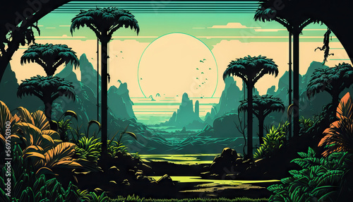 Landscape of tropical nature background illustration. Retro tone color style. Generative AI
