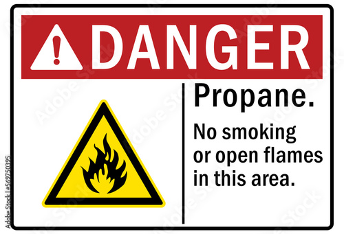 Propane warning sign and labels propane no smoking or open flames in this area photo