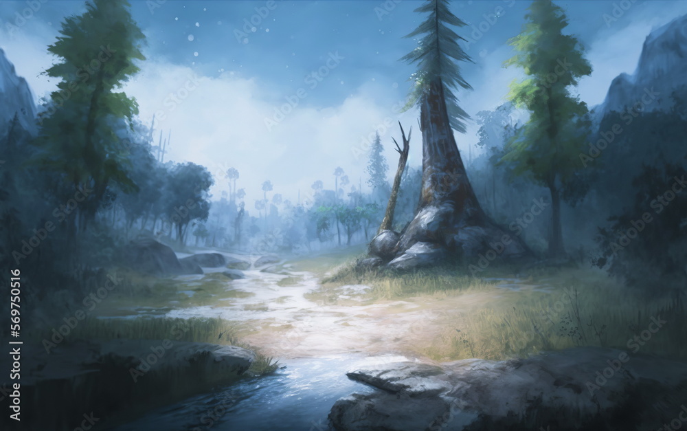 Fantastic Epic Magical Forest Landscape. Summer beautiful mystic nature. Gaming assets. Celtic Medieval RPG background. Grass and green trees. Autumn and summer. Generative AI