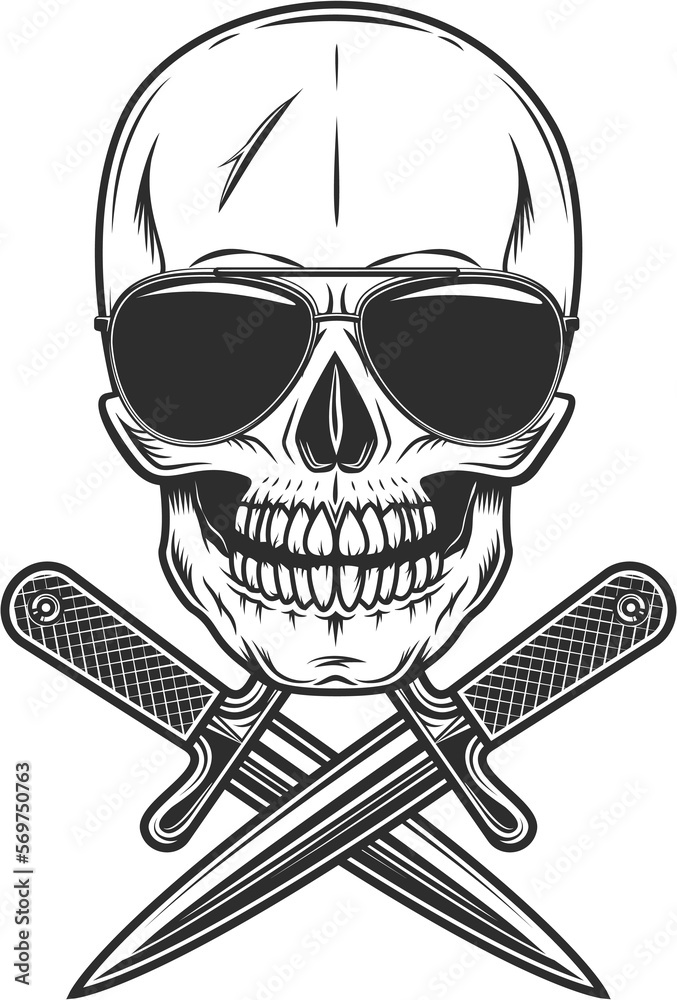 Vintage scary skull concept with crossed knife with sunglasses accessory to protect eyes from bright sun isolated illustration