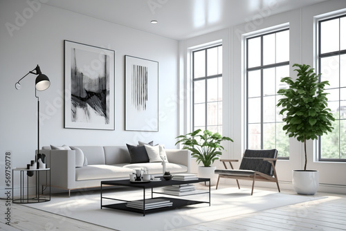 Fotografiet A minimalist living room with clean lines and functional furniture pieces in neutral colors