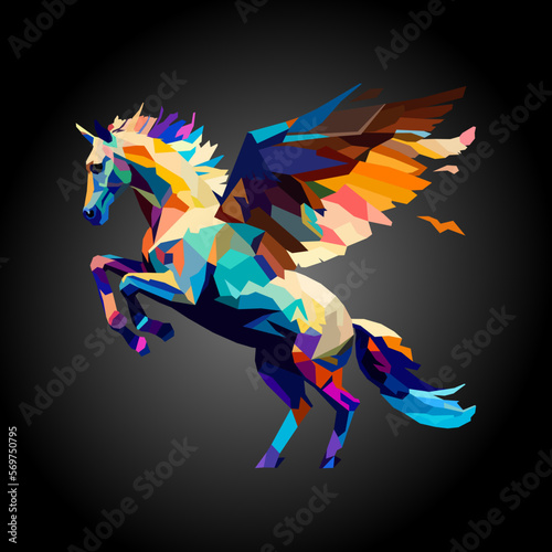 winged horse, pegasus, drawn using WPAP art style, pop art, vector illustration.