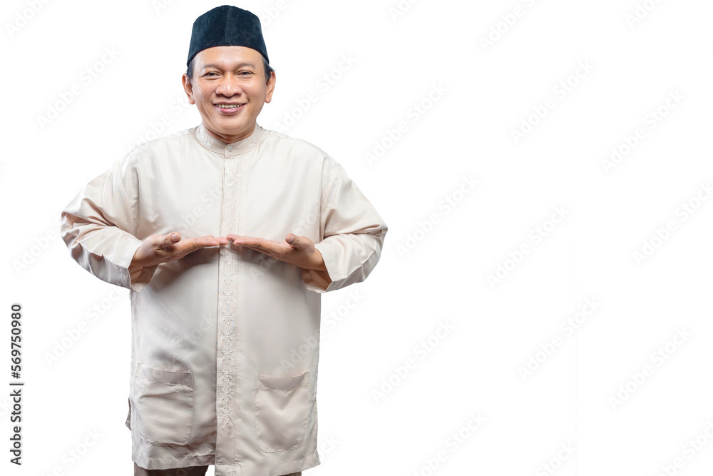 Asian Muslim man with open palm hand showing something Asian Muslim man with open palm hand showing something