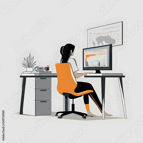 illustration young woman working on computer in office