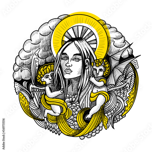 Vector illustration of a girl with a halo who has an angel and a demon sitting on her shoulders retro vintage engraved style. Tattoo concept, t-shirt print design.