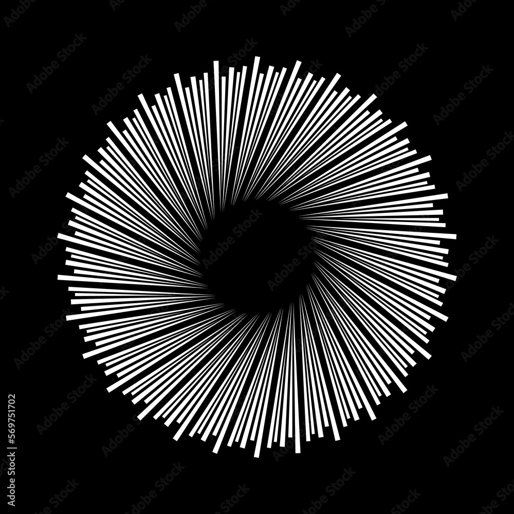 Black vector speed lines in circle form. Geometric art. Starburst. Sun rays. Design element for border frame, social media, emblem, badge, round logo, tattoo, web pages, prints, template, pattern