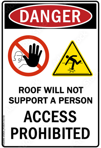 Roof access sign and labels roof will not support a person