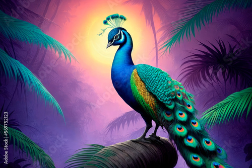 Digital art painting of peacock in forest. Generative AI