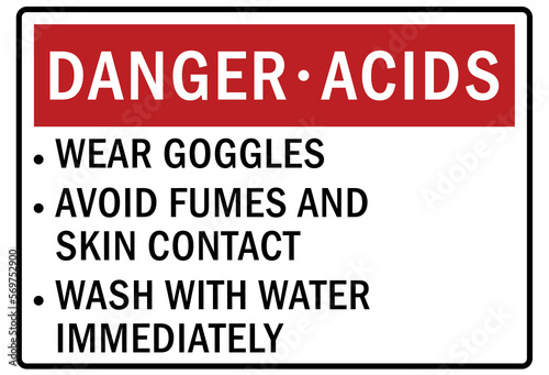 Safety equipment sign and labels acid danger. Wear goggles, avoid fumes and skin contact, wash with water immediately