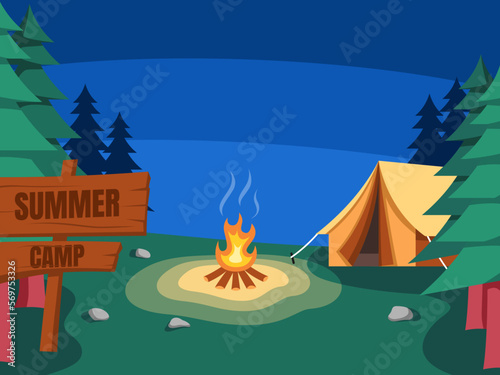 Illustration of camping and tent with campfire at night in forest concept background. Flat vector illustration.