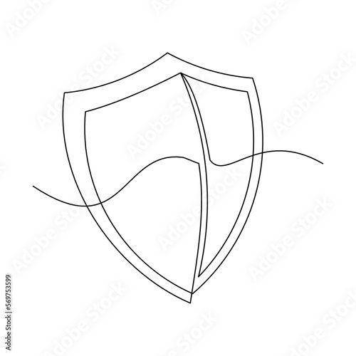 Continuous single one line drawing art of Shield protection. Vector illustration of business guard defense and data safety or health care.