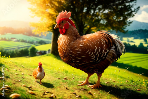 Red chicken on a farm in nature. Hen in a free range farm. Chicken walking in the farm yard. Generative AI