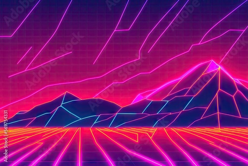 80s synthwave styled landscape, retrowave wireframe mountains, neon lines over arcade space planet canyon. Generative AI