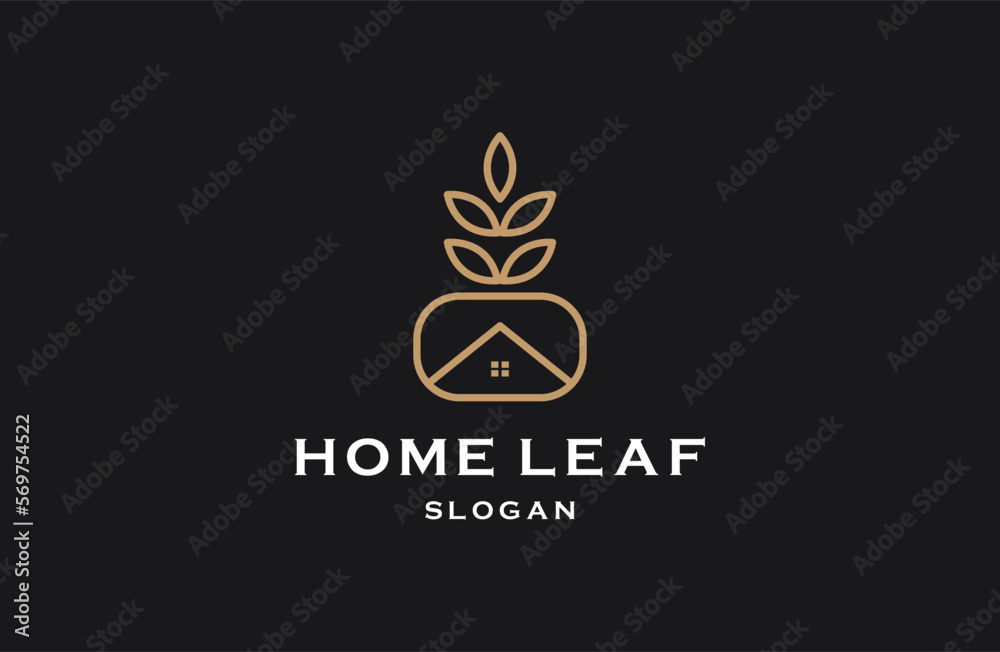 home leaf vector logo design line art icon template