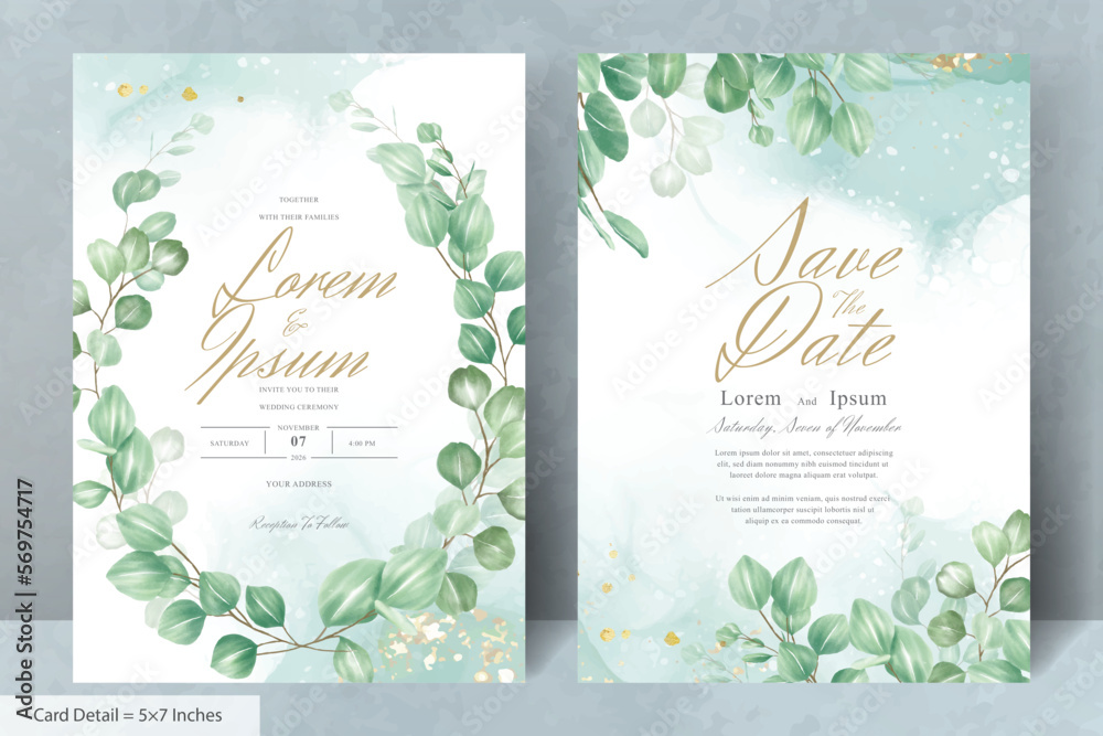 Set of greenery leaf wreaths Wedding Invitation Card Template with Eucalyptus Leaves