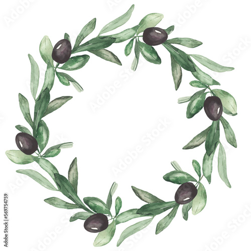 Watercolor wreath with olives, olive branches, leaves, greenery, for invitations, wedding, greeting cards