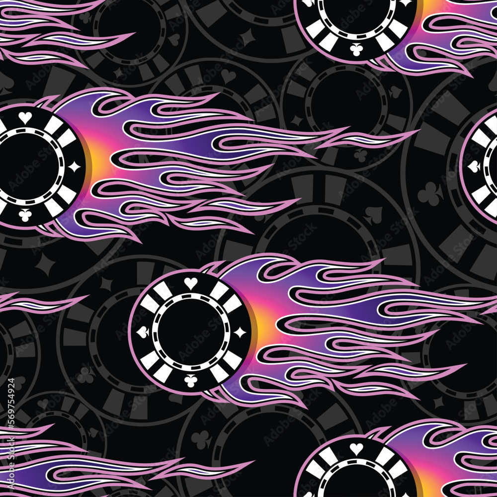 Naklejka premium Poker chips repeating tile background. Casino chips and tribal fire flames seamless pattern vector image wrapping paper design.
