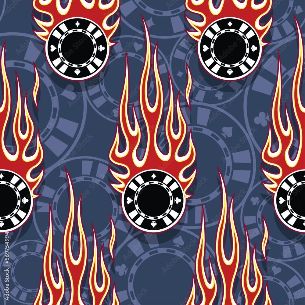 Casino poker chips icons in burning fire flame seamless pattern vector art image. Poker chips repeating tile background wallpaper texture. Casino poker chips icons in burning fire flame seamless pattern vector art image. Poker chips repeating tile background wallpaper texture.
