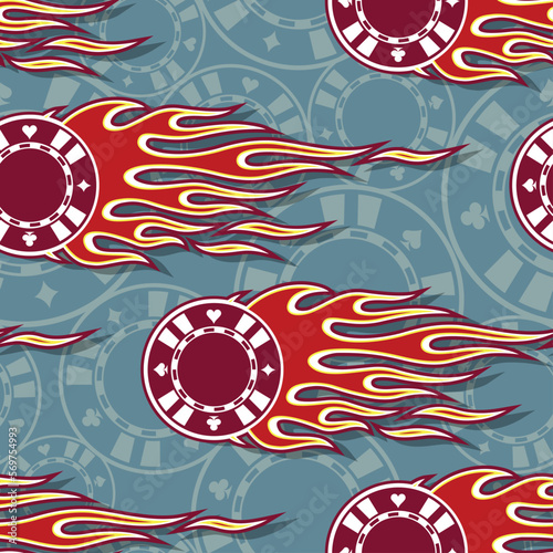Poker chips repeating tile background. Casino chips and tribal fire flames seamless pattern vector image wrapping paper design.
