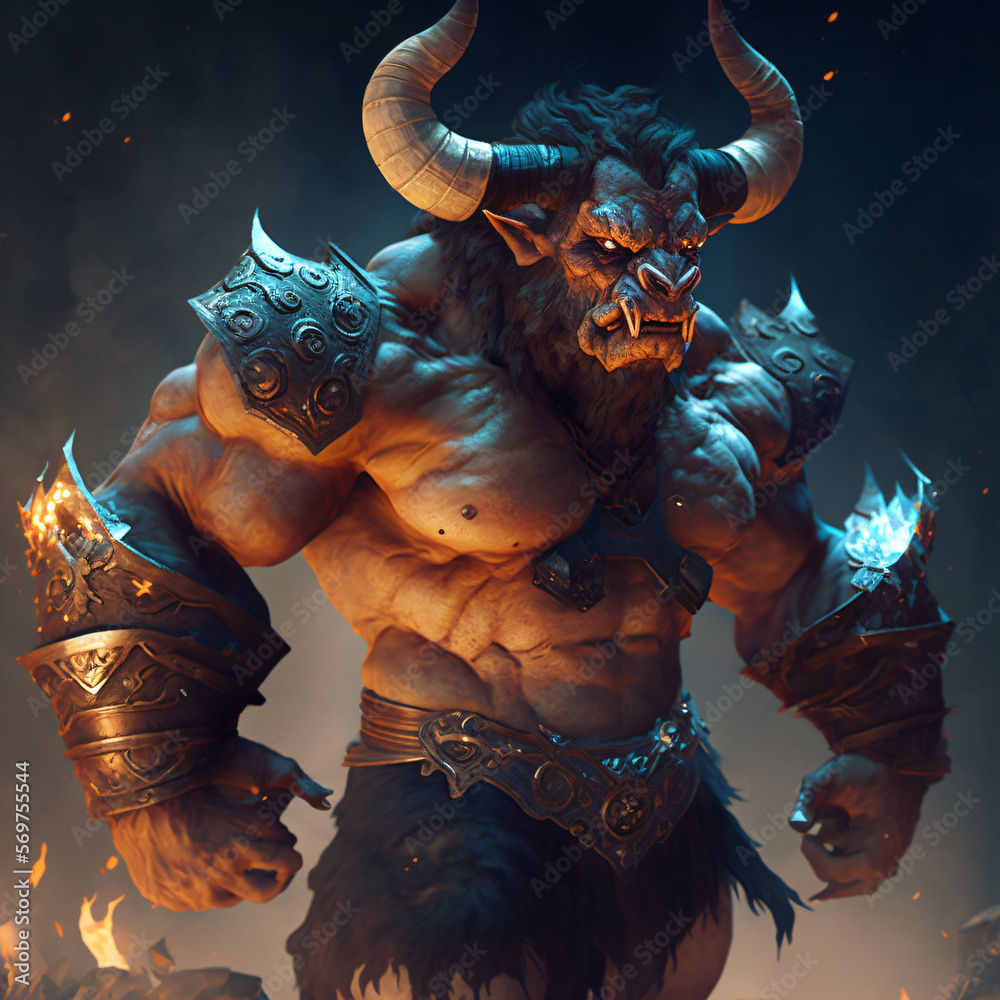 an armored minotaur character design 3d render portrait isolated on a