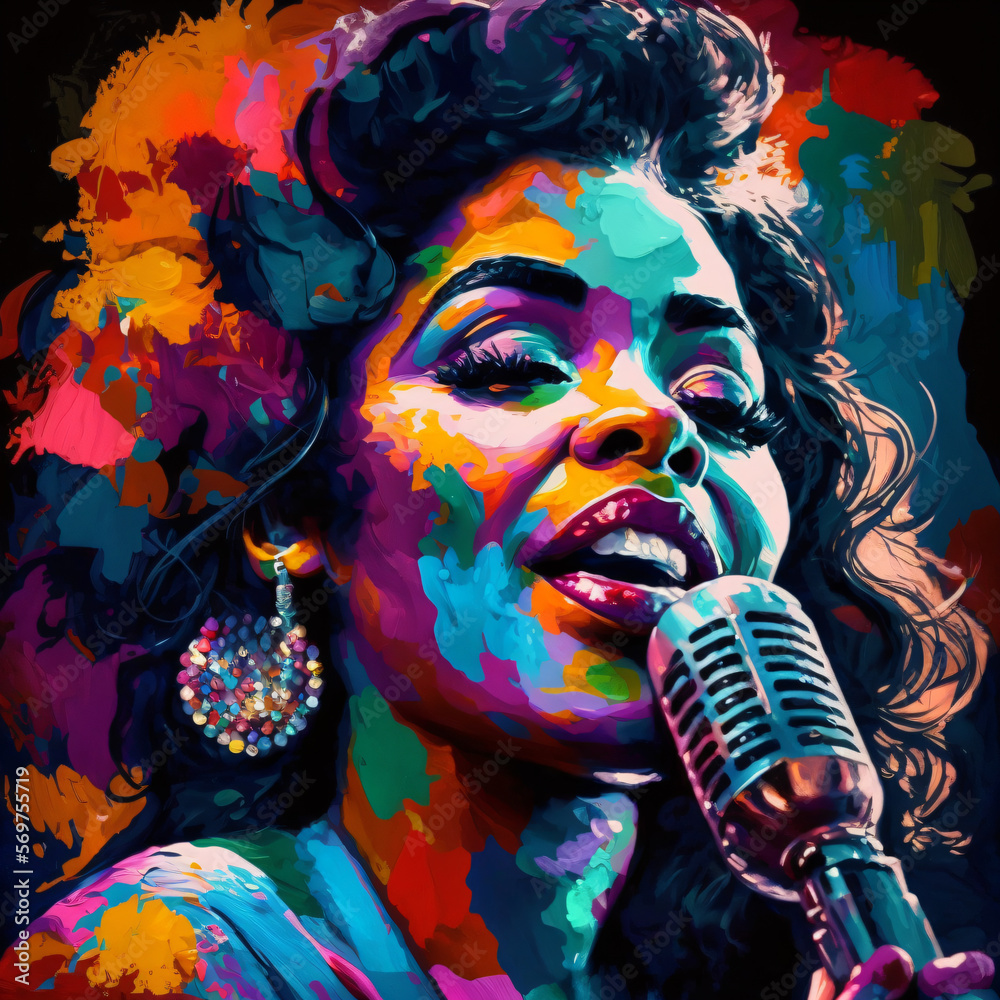 funk pop art style portrait of a beautiful jazz singer woman singing to the microphone hat Generative Ai - obrazy, fototapety, plakaty 