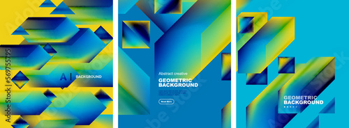 Vector set of abstract geometric poster backgrounds, colorful shapes with fluid colors. Collection of covers, templates, flyers, placards, brochures, banners