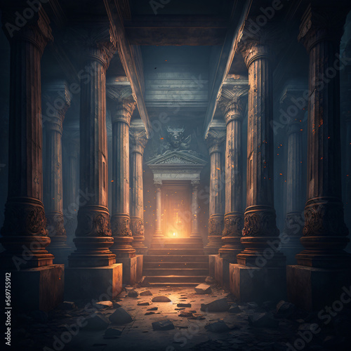 ancient temple chamber full of columns with a light fire at the center Generative Ai