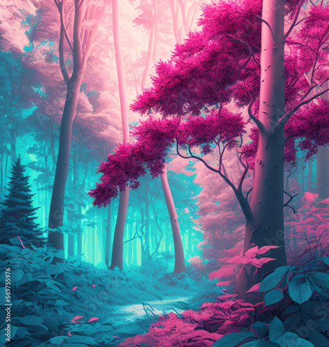 trees in the forest on a pink and blue gradient Generative Ai
