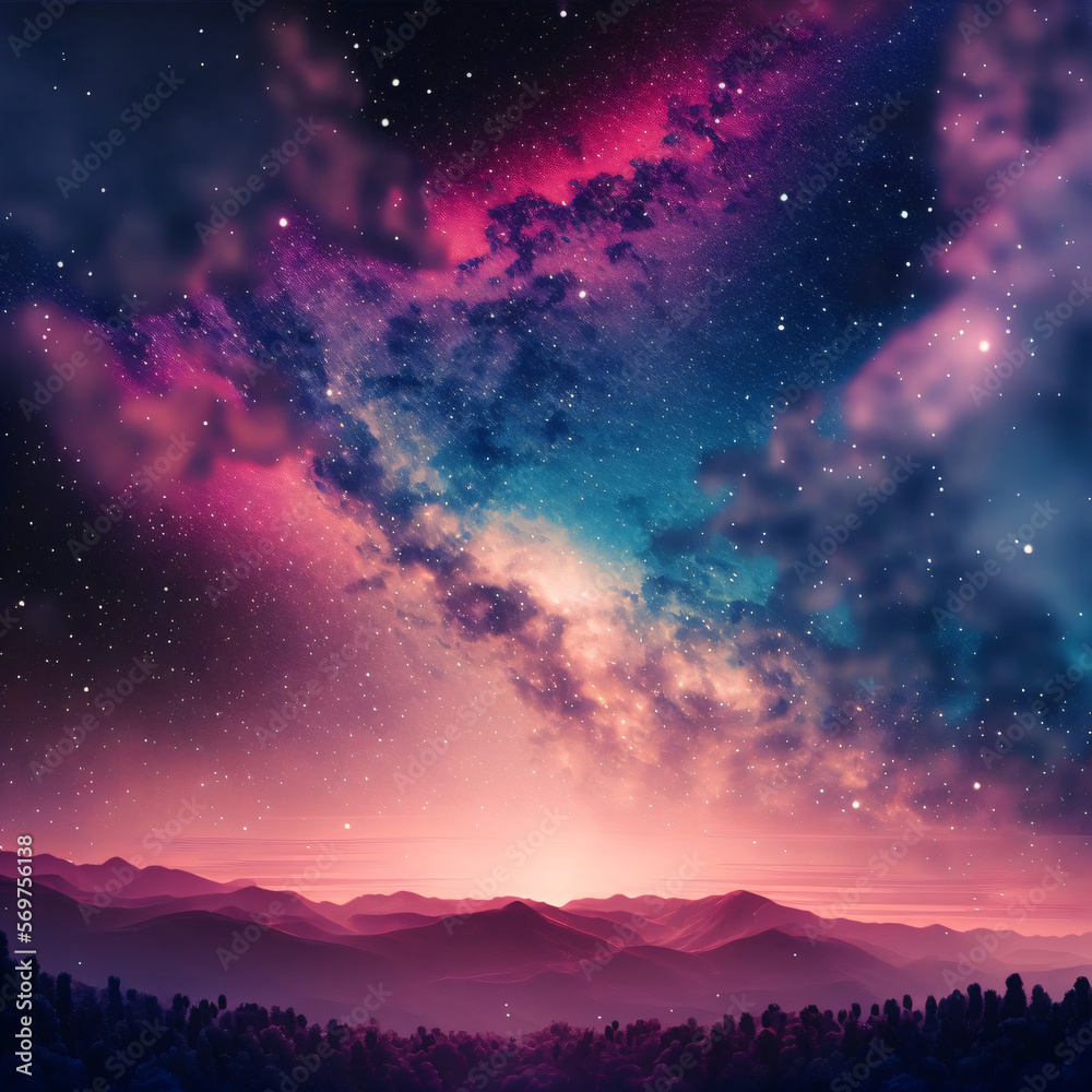 pink and blue milky way galaxy in the forest with a sky full of stars Generative Ai