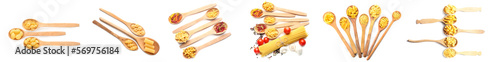 Collection of wooden spoons with different types of pasta on white background