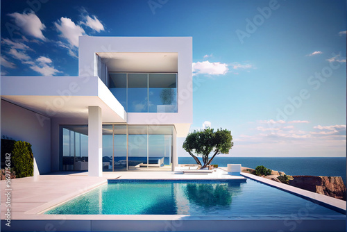 Minimalist contemporary residential villa with modern architecture, swimming pool and sea view in the background. With generative AI illustration © ardanz